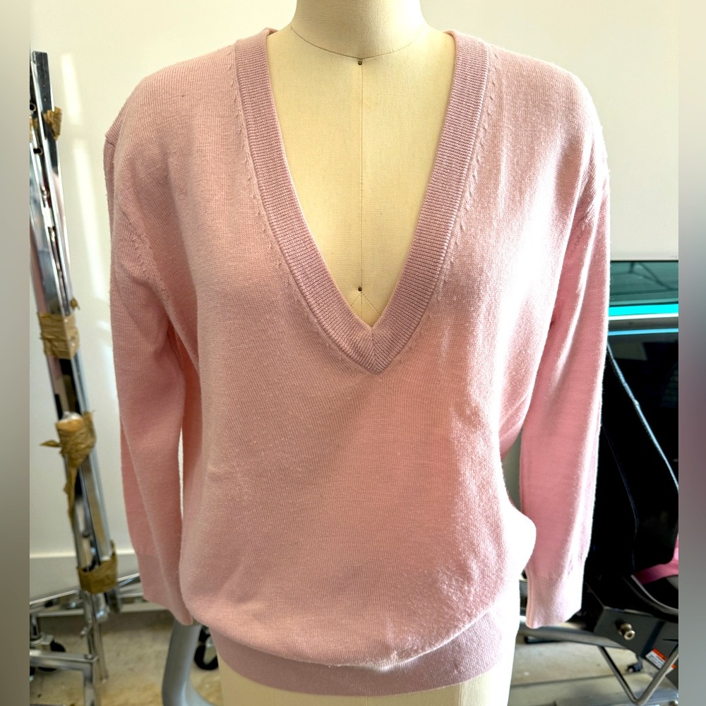 TOME Pastel Pink Merino Wool Deep V Neck Sweater